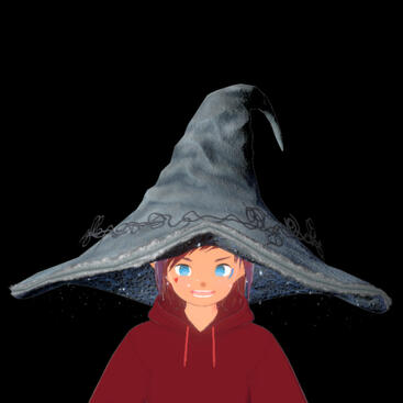 Ranni's Hat from the game Elden Ring, its a bluish white magical wizard hat made of organic materials. The top looks like its made of some kind of plant leather, and the bottom is similar to that of a mushroom, it has glowing stars that fall from the brim