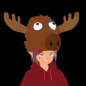 A very silly looking moose hat, its eyes are bulging out and its nose is very wiggly.