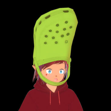 A lime green crocs shoe as a hat.