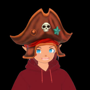 Y'arrr, a nice big pirate hat with a front facing high peaked shape, adorned with a gold sphere on the right side, turquoise starfish on the left side, and a most terrifying (not really) skull in the center.