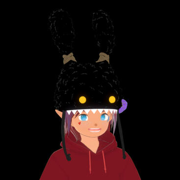 A fuzzy Spriggan from the game Final Fantasy XIV, its a black dust bunny with yellow eyes and sharp triangle white teeth. It has a purple crystal on the side because Spriggans love crystals!