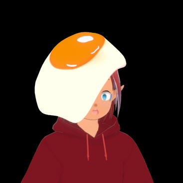 A fried egg that is plopped on top of my vtuber's head. A nice shiny orange yolk, with the egg whites hanging down the right side of my face.